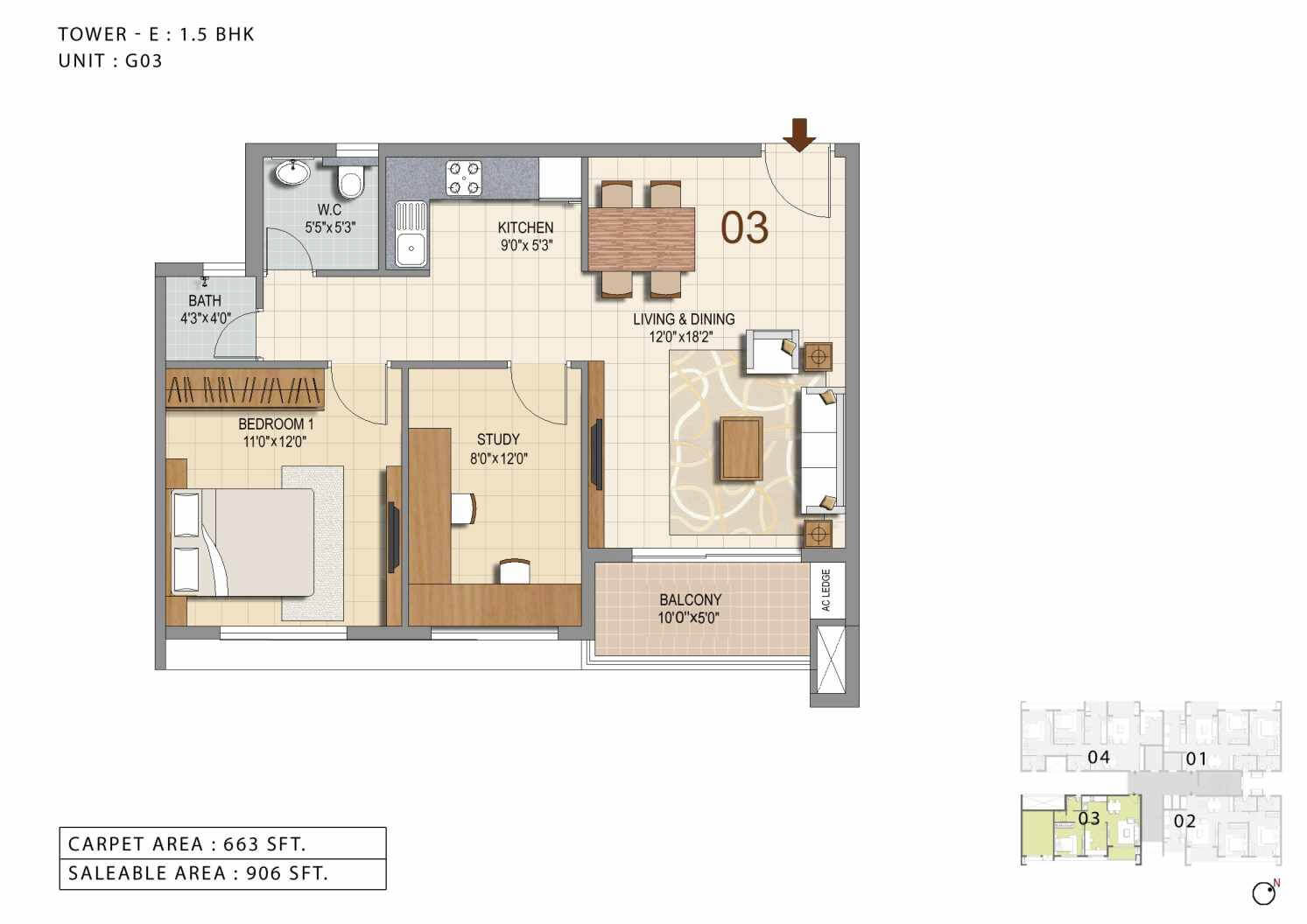 Floor plan of 1 BHK 906 Sq. Ft. Apartment in Ozone Urbana Heights, Bangalore
