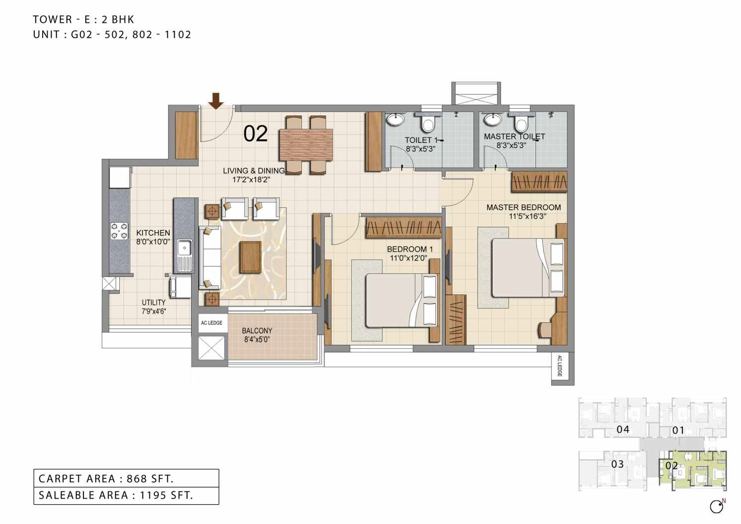 Floor plan of 2 BHK 1195 Sq. Ft. Apartment in Ozone Urbana Heights, Bangalore