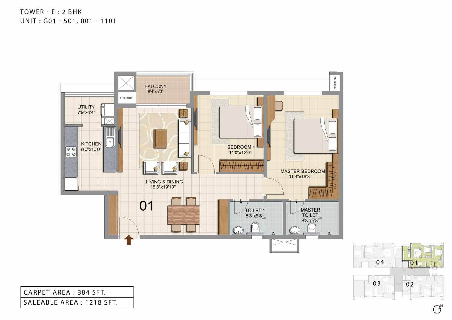Floor plan of 2 BHK 1218 Sq. Ft. Apartment in Ozone Urbana Heights, Bangalore
