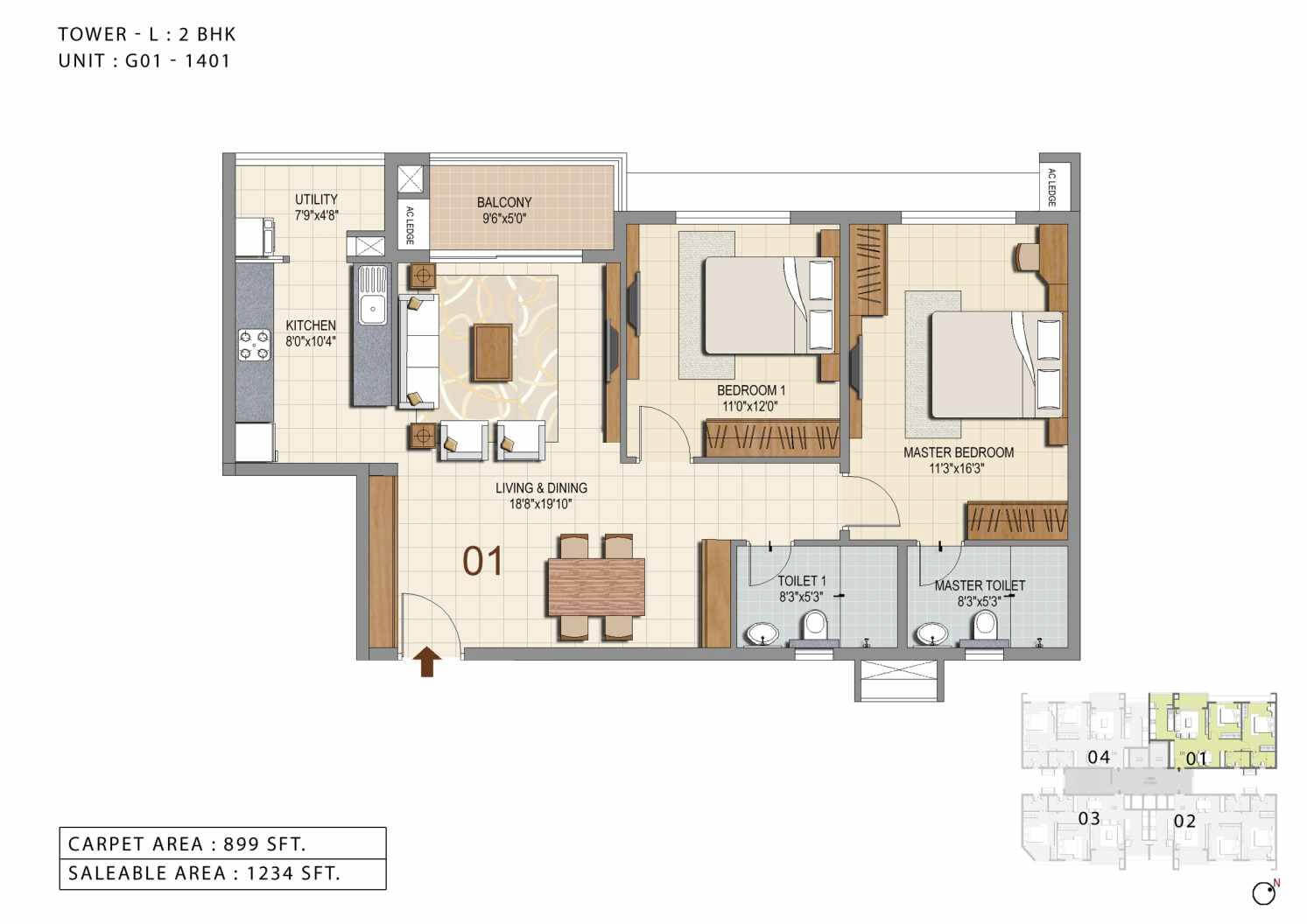 Floor plan of 2 BHK 1234 Sq. Ft. Apartment in Ozone Urbana Heights, Bangalore