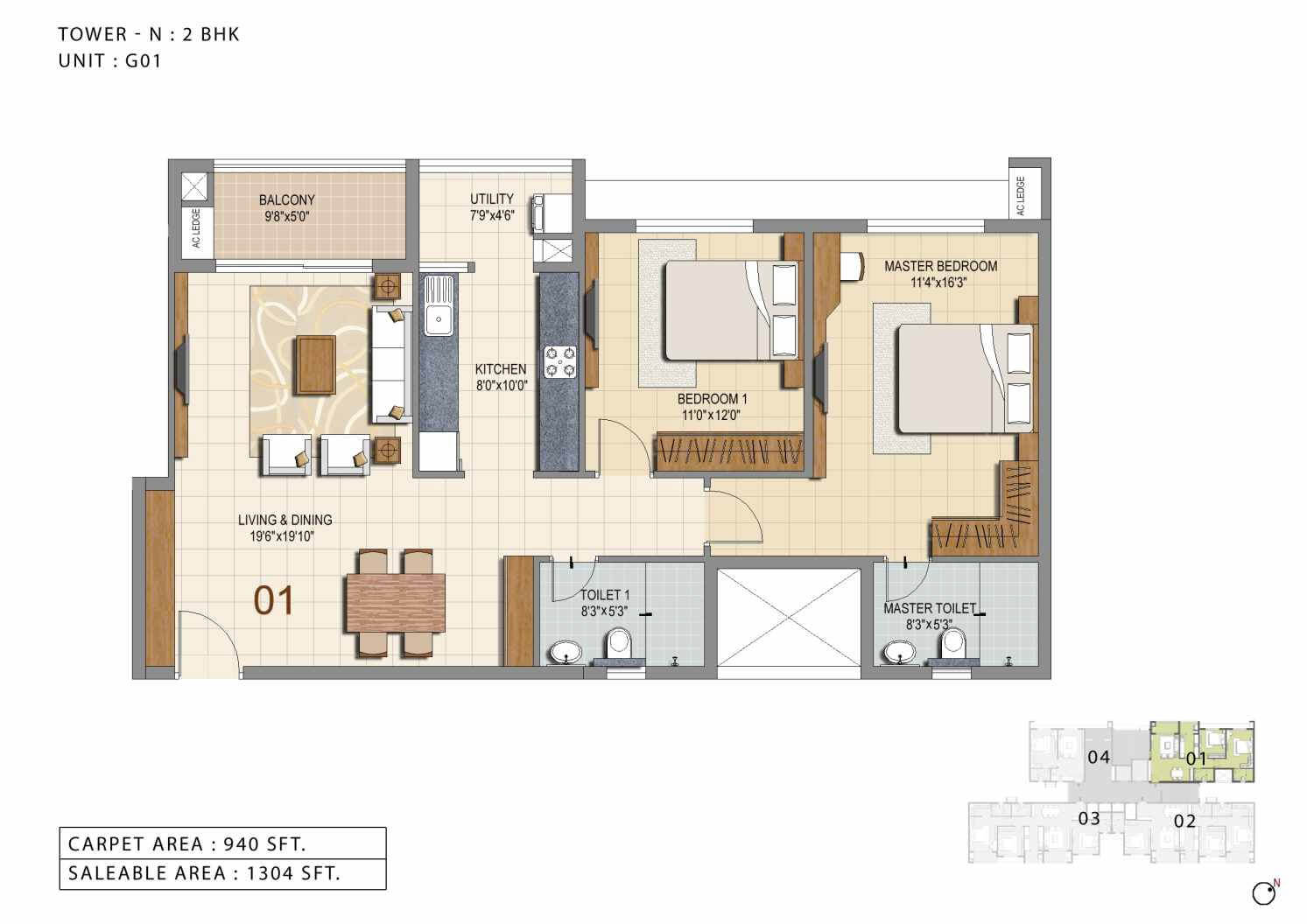 Floor plan of 2 BHK 1304 Sq. Ft. Apartment in Ozone Urbana Heights, Bangalore