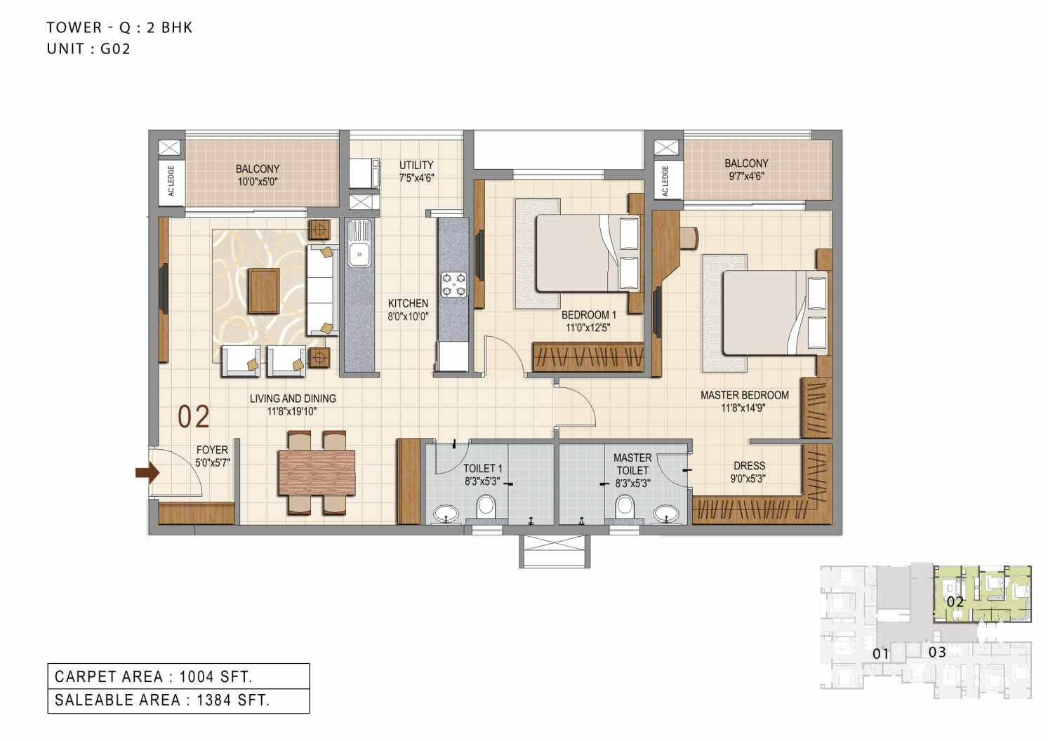 Floor plan of 2 BHK 1384 Sq. Ft. Apartment in Ozone Urbana Heights, Bangalore
