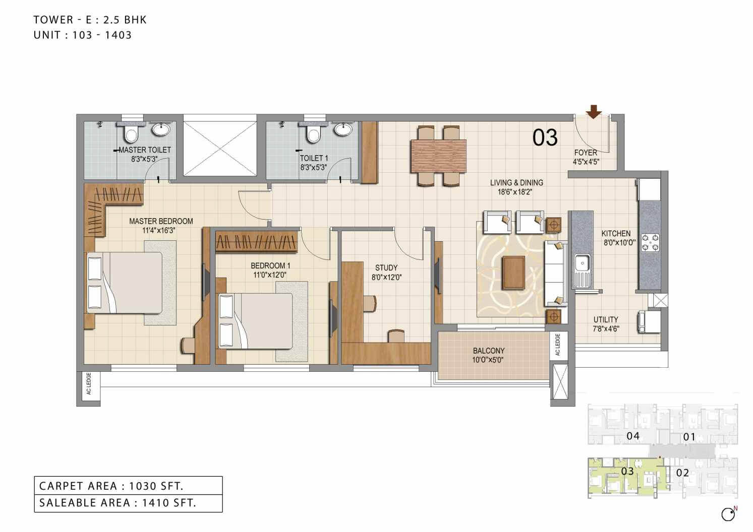 Floor plan of 2 BHK 1410 Sq. Ft. Apartment in Ozone Urbana Heights, Bangalore