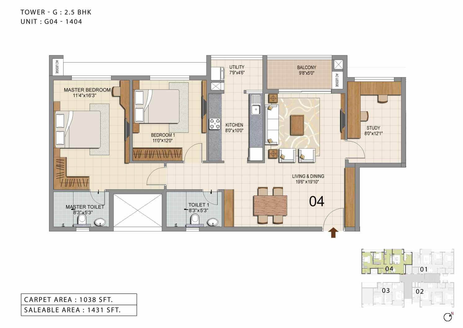 Floor plan of 2 BHK 1431 Sq. Ft. Apartment in Ozone Urbana Heights, Bangalore