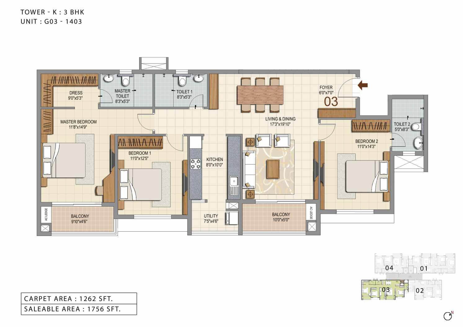 Floor plan of 3 BHK 1756 Sq. Ft. Apartment in Ozone Urbana Heights, Bangalore