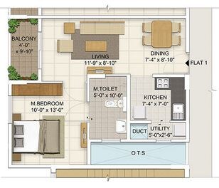 Floor plan of 1 BHK 640 Sq. Ft. Apartment in Ozone Urbana Irene, Bangalore