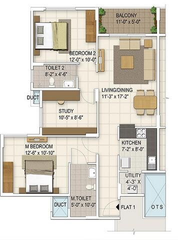 Floor plan of 2 BHK 1066 Sq. Ft. Apartment in Ozone Urbana Irene, Bangalore