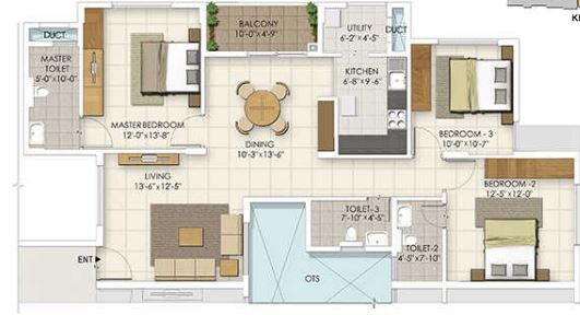Floor plan of 3 BHK 1363 Sq. Ft. Apartment in Ozone Urbana Irene, Bangalore
