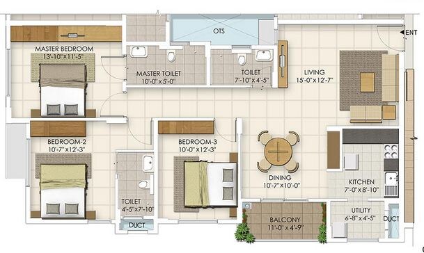 Floor plan of 3 BHK 1330 Sq. Ft. Apartment in Ozone Urbana Irene, Bangalore