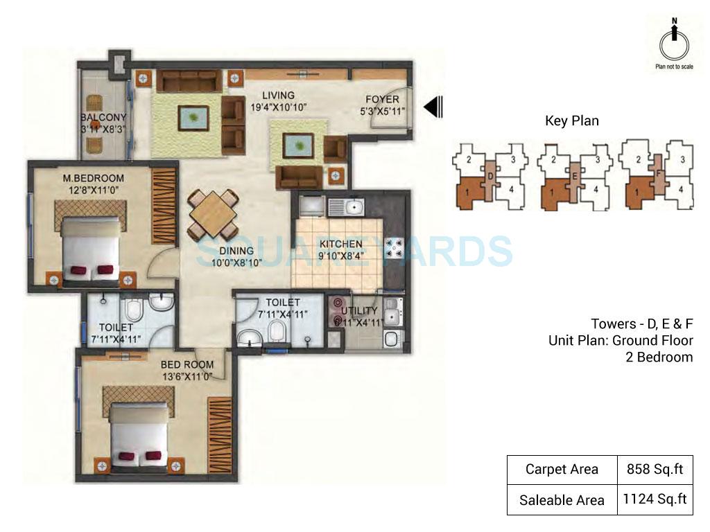 Floor plan of 2 BHK 1124 Sq. Ft. Apartment in Ozone Urbana Pavilion, Bangalore