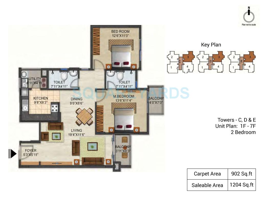 Floor plan of 2 BHK 1204 Sq. Ft. Apartment in Ozone Urbana Pavilion, Bangalore