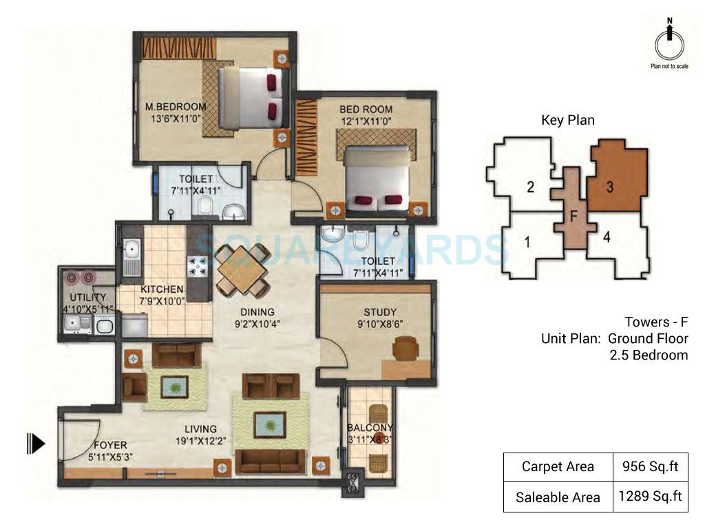 Floor plan of 2 BHK 1289 Sq. Ft. Apartment in Ozone Urbana Pavilion, Bangalore