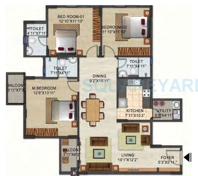 Floor plan of 3 BHK 1865 Sq. Ft. Apartment in Ozone Urbana Pavilion, Bangalore