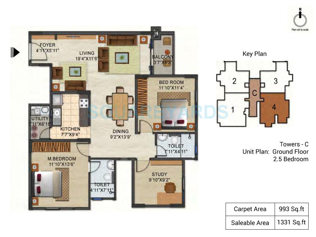Floor plan of 2 BHK 1331 Sq. Ft. Apartment in Ozone Urbana Pavilion, Bangalore