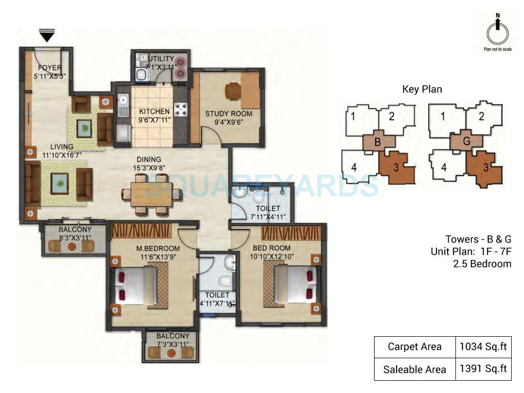 Floor plan of 2 BHK 1391 Sq. Ft. Apartment in Ozone Urbana Pavilion, Bangalore