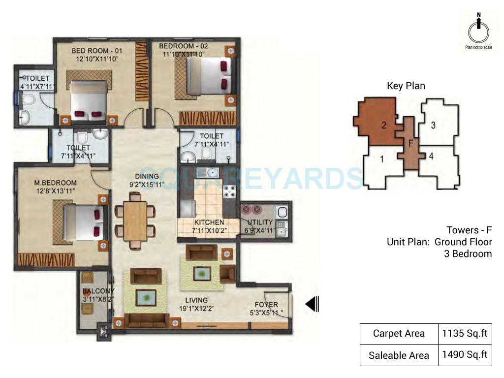 Floor plan of 3 BHK 1490 Sq. Ft. Apartment in Ozone Urbana Pavilion, Bangalore