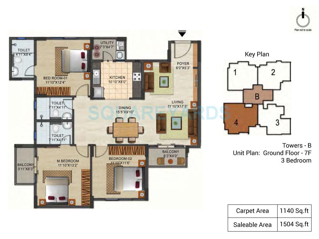 Floor plan of 3 BHK 1504 Sq. Ft. Apartment in Ozone Urbana Pavilion, Bangalore