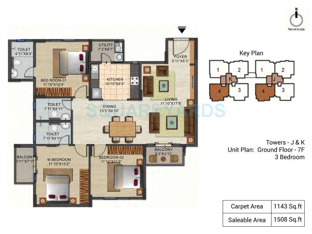 Floor plan of 3 BHK 1508 Sq. Ft. Apartment in Ozone Urbana Pavilion, Bangalore