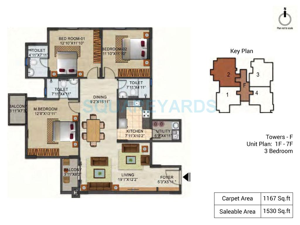 Floor plan of 3 BHK 1530 Sq. Ft. Apartment in Ozone Urbana Pavilion, Bangalore