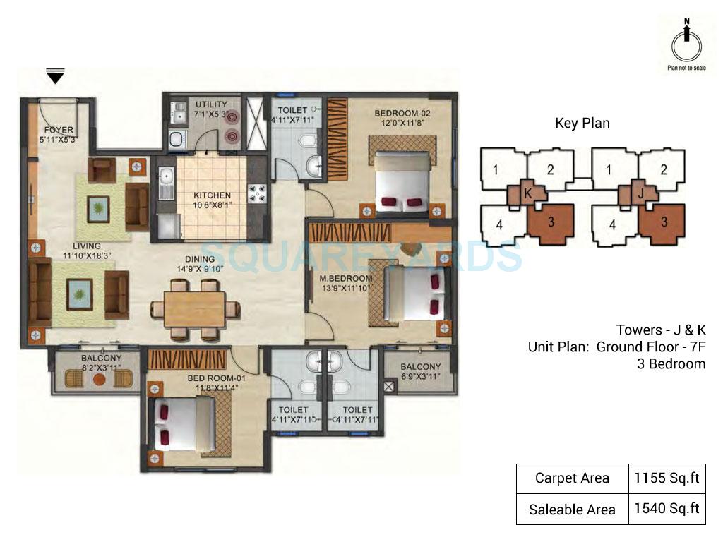 Floor plan of 3 BHK 1540 Sq. Ft. Apartment in Ozone Urbana Pavilion, Bangalore