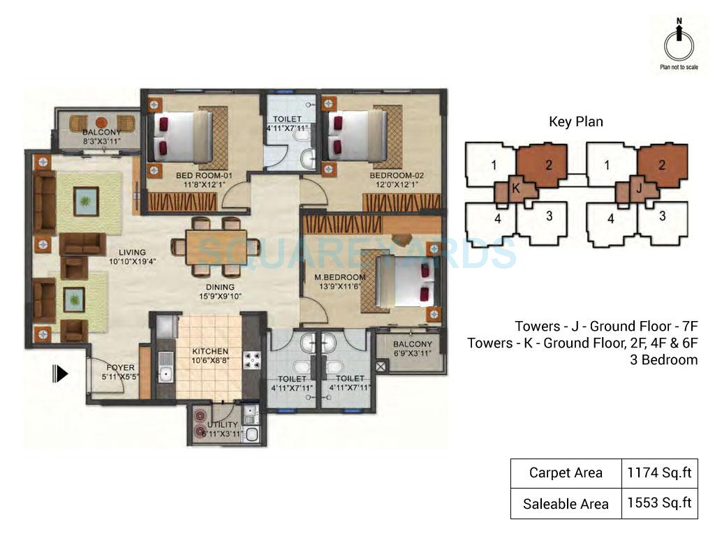 Floor plan of 3 BHK 1553 Sq. Ft. Apartment in Ozone Urbana Pavilion, Bangalore