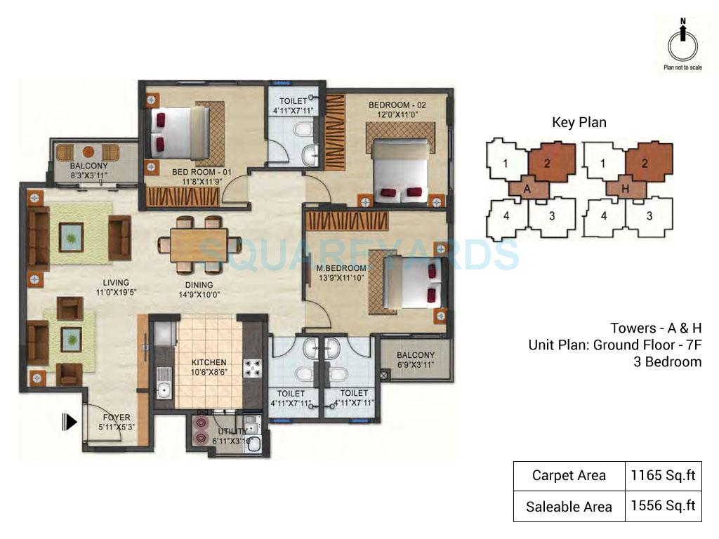 Floor plan of 3 BHK 1556 Sq. Ft. Apartment in Ozone Urbana Pavilion, Bangalore