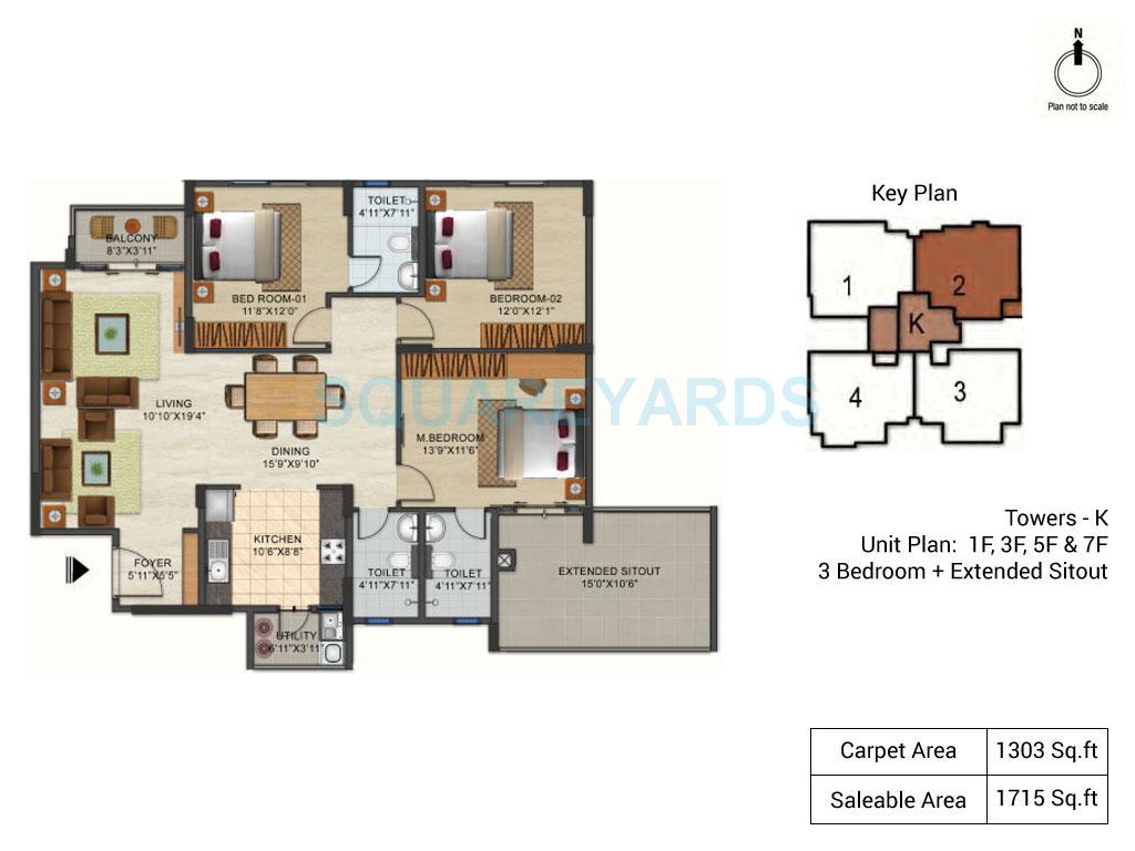 Floor plan of 3 BHK 1715 Sq. Ft. Apartment in Ozone Urbana Pavilion, Bangalore