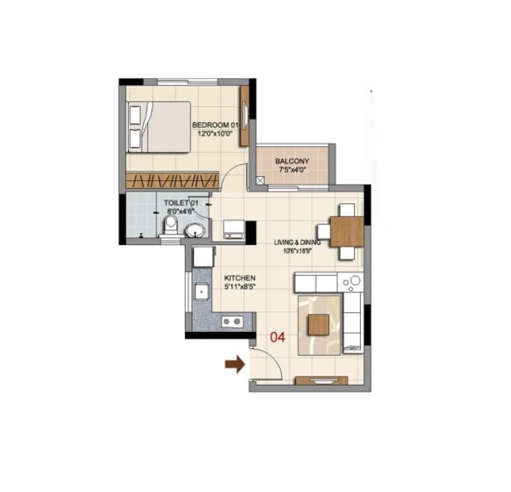 Floor plan of 1 BHK 429 Sq. Ft. Apartment in Ozone Urbana Prime, Bangalore