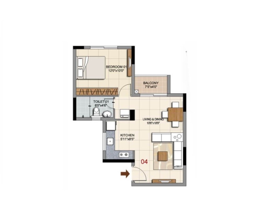 Floor plan of 1 BHK 431 Sq. Ft. Apartment in Ozone Urbana Prime, Bangalore