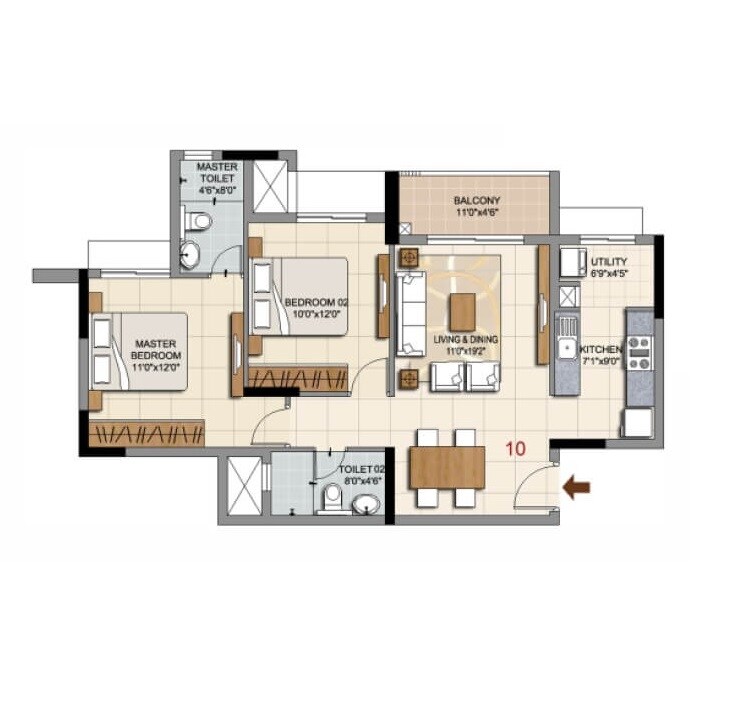 Floor plan of 2 BHK 689 Sq. Ft. Apartment in Ozone Urbana Prime, Bangalore