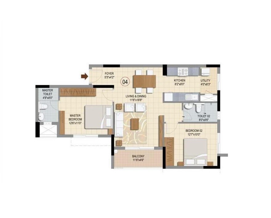 Floor plan of 2 BHK 712 Sq. Ft. Apartment in Ozone Urbana Prime, Bangalore