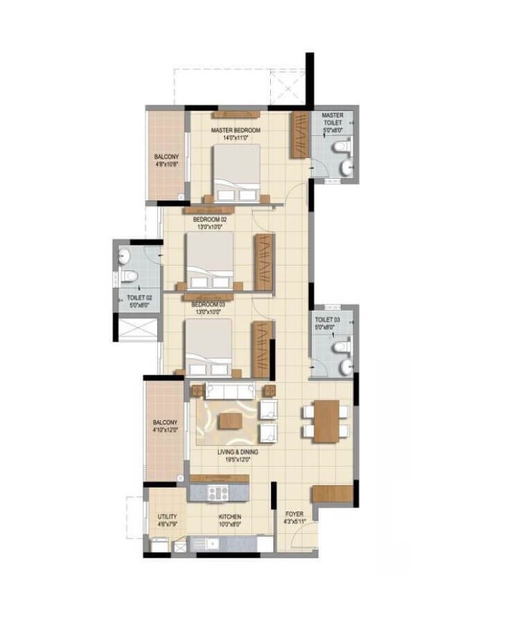 Floor plan of 3 BHK 1046 Sq. Ft. Apartment in Ozone Urbana Prime, Bangalore