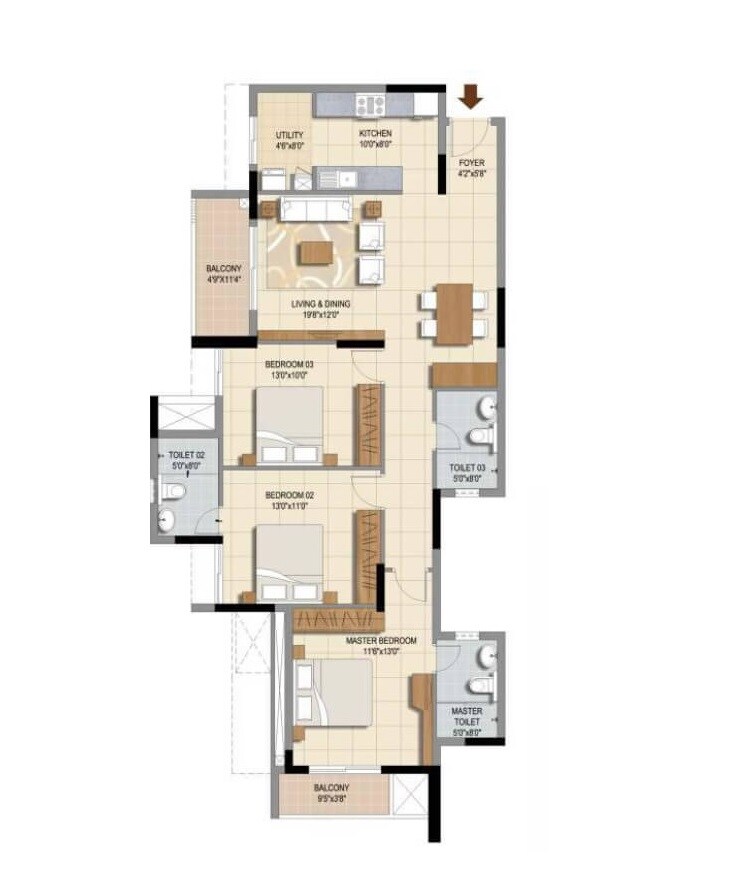 Floor plan of 3 BHK 1061 Sq. Ft. Apartment in Ozone Urbana Prime, Bangalore