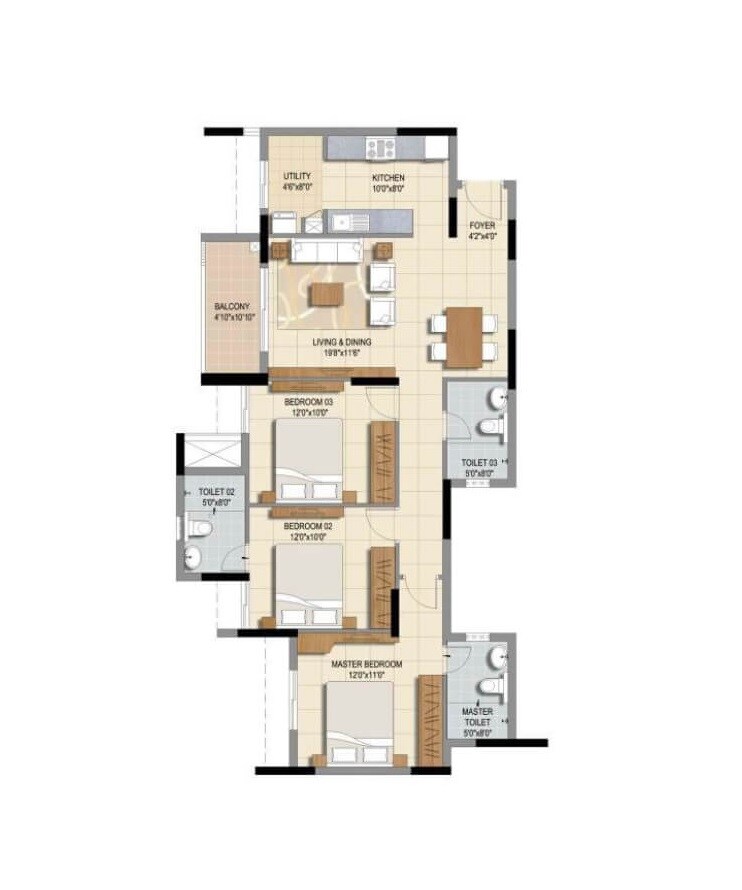 Floor plan of 3 BHK 963 Sq. Ft. Apartment in Ozone Urbana Prime, Bangalore