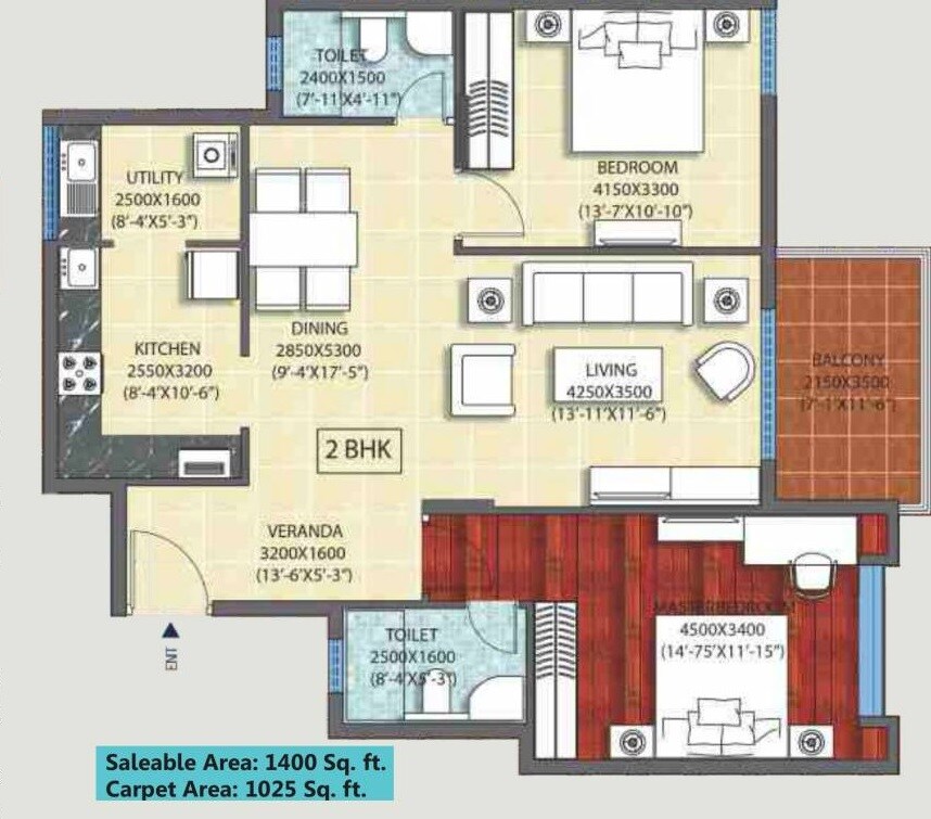 Floor plan of 2 BHK 1470 Sq. Ft. Apartment in Ozone WF48, Bangalore