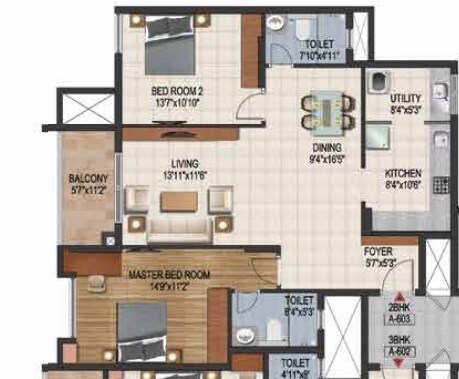 Floor plan of 2 BHK 1558 Sq. Ft. Apartment in Ozone WF48, Bangalore