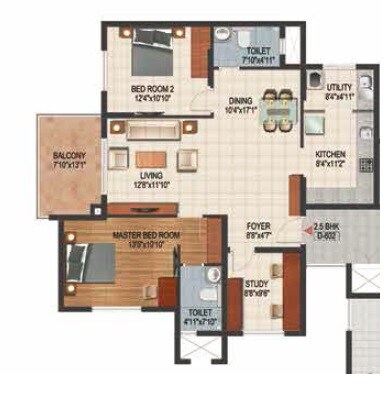Floor plan of 2 BHK 1478 Sq. Ft. Apartment in Ozone WF48, Bangalore