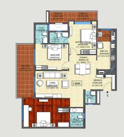 Floor plan of 3 BHK 2208 Sq. Ft. Apartment in Ozone WF48, Bangalore