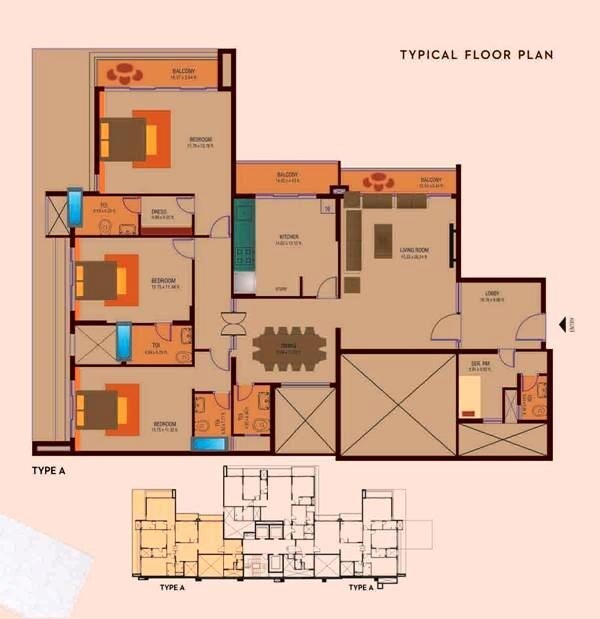 Floor plan of 3 BHK 2910 Sq. Ft. Apartment in Pacifica Hamilton Tower, Bangalore