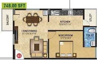 Floor plan of 1 BHK 748 Sq. Ft. Apartment in Padmavathy Paradise, Bangalore