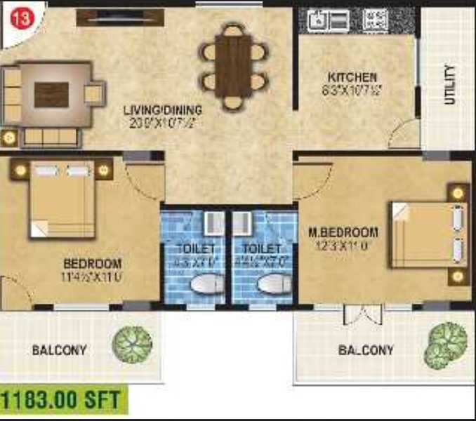 Floor plan of 2 BHK 1183 Sq. Ft. Apartment in Padmavathy Paradise, Bangalore