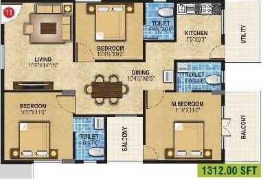 Floor plan of 3 BHK 1312 Sq. Ft. Apartment in Padmavathy Paradise, Bangalore