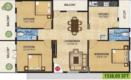 Floor plan of 3 BHK 1536 Sq. Ft. Apartment in Padmavathy Paradise, Bangalore