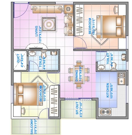 Floor plan of 2 BHK 909 Sq. Ft. Apartment in Palm Groves, Bangalore