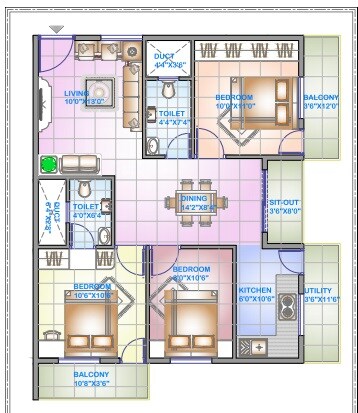 Floor plan of 3 BHK 1155 Sq. Ft. Apartment in Palm Groves, Bangalore