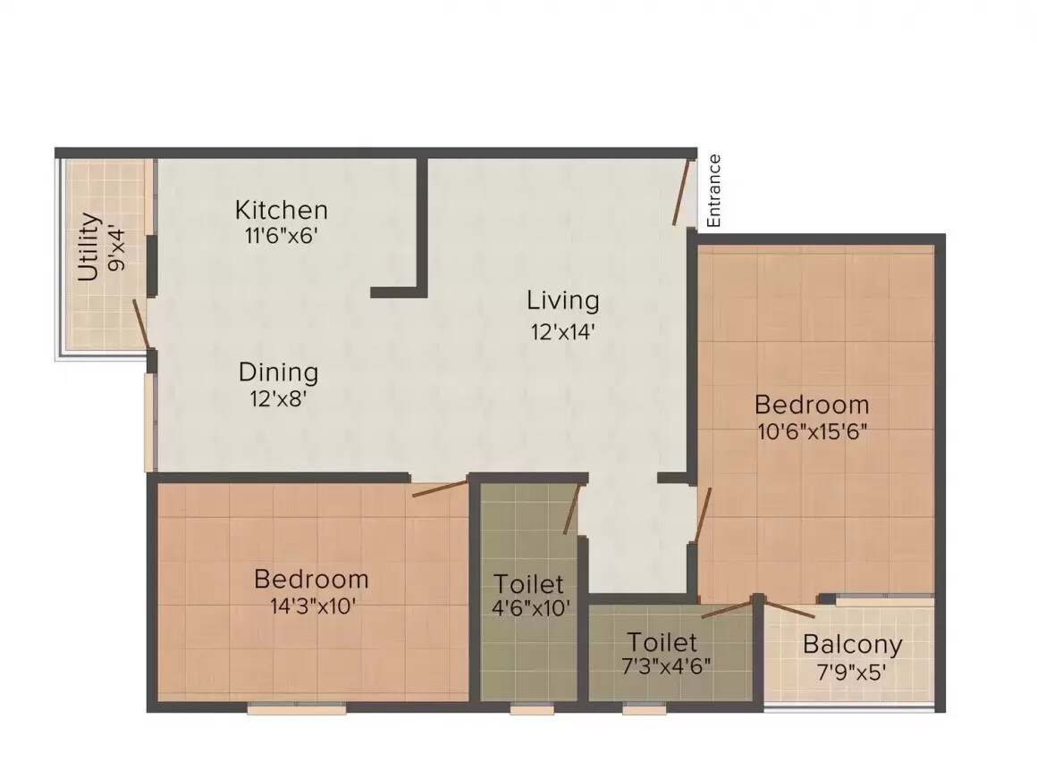 Floor plan of 2 BHK 1095 Sq. Ft. Apartment in Palm Leaves, Bangalore