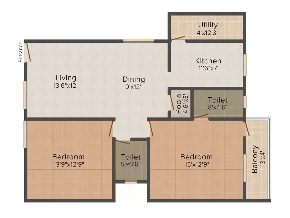Floor plan of 2 BHK 1230 Sq. Ft. Apartment in Palm Leaves, Bangalore