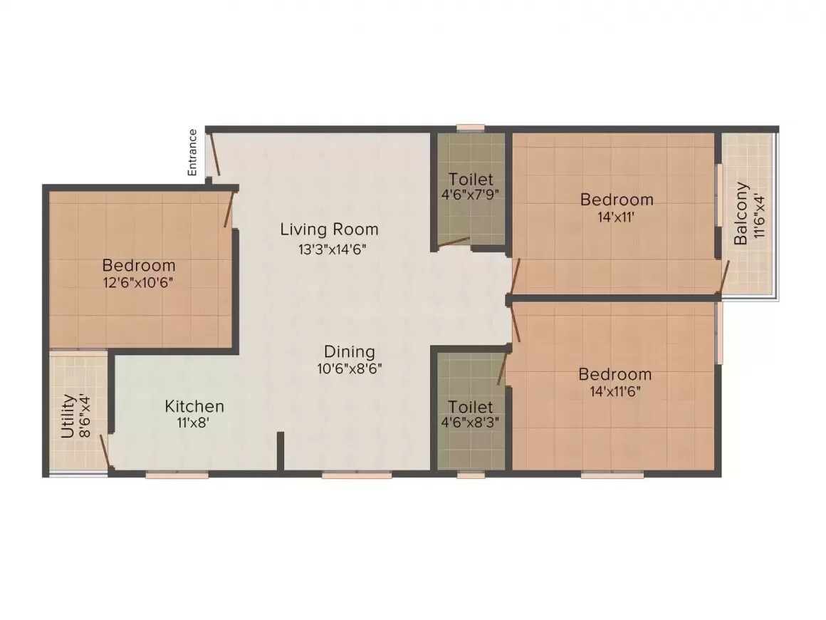 Floor plan of 3 BHK 1365 Sq. Ft. Apartment in Palm Leaves, Bangalore