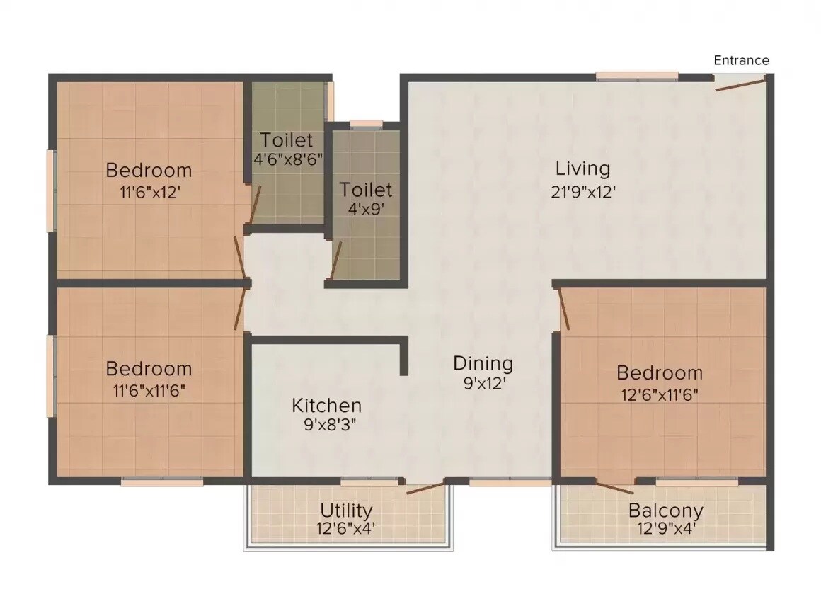 Floor plan of 3 BHK 1445 Sq. Ft. Apartment in Palm Leaves, Bangalore