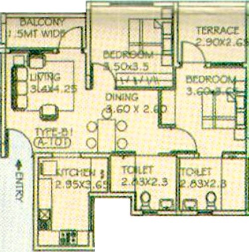 Floor plan of 2 BHK 1234 Sq. Ft. Apartment in Paranjape Schemes Athashri, Bangalore